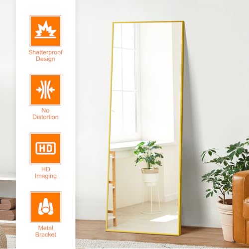 TRAHOME Standing Mirror Full Length Mirror,15" x 56" Large Floor Mirror with Aluminium Frame for Door Bedroom Bathroom Living Room(Gold) - color: Gold, size: 56"L x 15"W