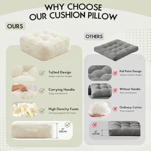 11" Thick Washable Floor Pillow for Adults, Yoga & Meditation Cushion with Handle, Square Large Pillows Seating with Removable Tufted Corduroy Cover for Tatami Living Room Board Games, Cream - color: Cream