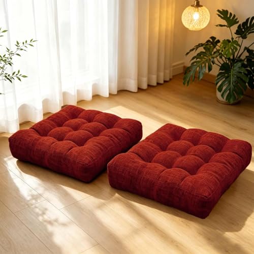 Set of 2 Floor Cushion for Adult Tufted Square Seat Cushions for Tatami Living Room Dorm 18.8 x 18.8 Inch Burgundy Meditation Floor Pillows - color: Burgundy