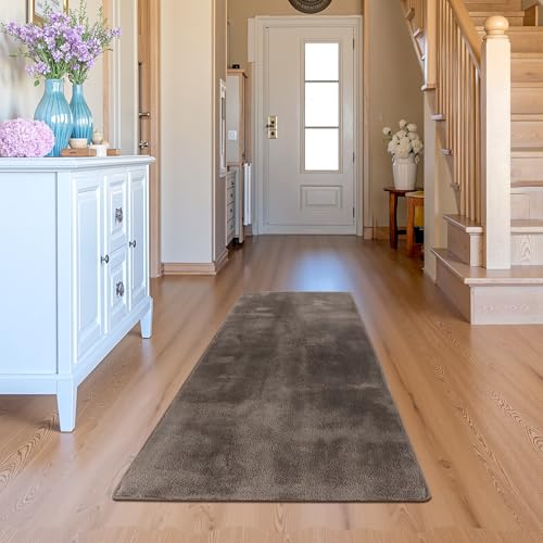 jinchan Solid Plush Runner Rug 2x5 Performance Shaggy Washable Hallway Rug Soft Modern Faux Wool Cozy Non Slip Carpet for Bedroom Laundry Room Living Room Kids Nursery Brown - color: Solid Brown, size: 2' x 5' (Runner)
