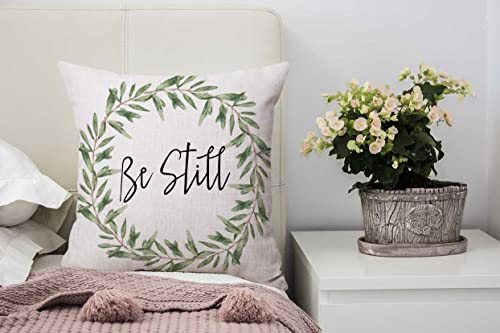 Nphuriy Rustic Be Still Green Olive Wreath Vintage Farmhouse Décor Spring Summer Sign Decoration Cotton Linen Home Decorative Throw Pillow Case Cushion Cover with Words for Sofa Couch, 16 x 16 in - color: Multi 30