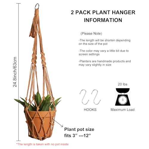 Artilady Macrame Hanging Planter for Indoor Plants, Boho Woven Plant Hanger Large Hanging Flower Pot Holders Outdoor Baskets Storage No Tassels Brown Wall Decor (Latte Brown-2pcs) - color: Latte Brown-2pcs