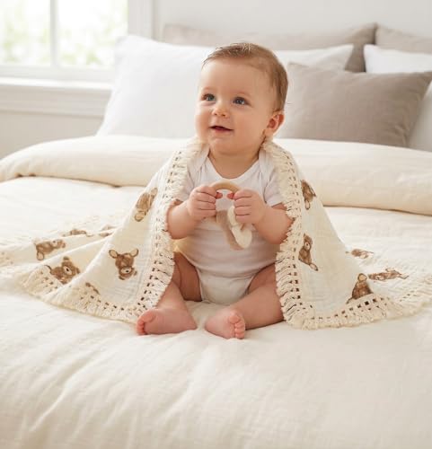 Little Jump Cotton Muslin Swaddle Blankets with Tassel, Boho Bohimia Muslin Baby Blanket Neutral with Fringe, Vintage Teddy Bear Nursery Decor Muslin Throw Blanket 47" x40" (Teddy Bears) - color: Teddy Bears