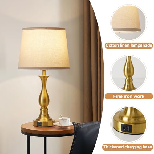 Bedside Table Lamp Touch Control Bedroom Lamps with USB A and C Charging Port 3 Way Dimmable Touch Lamps for Nightstand Living Room Bedroom Dorm Home Office Reading, Set of 2 - color: Gold