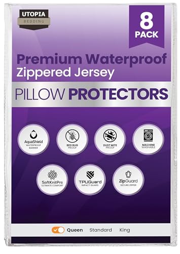 Set of 8 Pillow Protectors with Zipper Queen Size, Bed Bug and Dust Mite Proof Pillow Covers, Ultra Soft Pillow Encasements, Moisture Wicking and Waterproof Pillow Cases by Utopia Bedding (White) - size: Queen (Pack of 8)