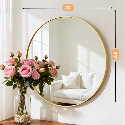 30 Inch Round Bathroom Mirror for Wall, Matte Gold Metal Framed | Circle Vanity Mirror for Bathroom Bedroom Living Room Entryway, Anti-Rust, Tempered Glass, Hanging or Leaning - color: Matte Gold, size: 30"L x 30"W, style: Round