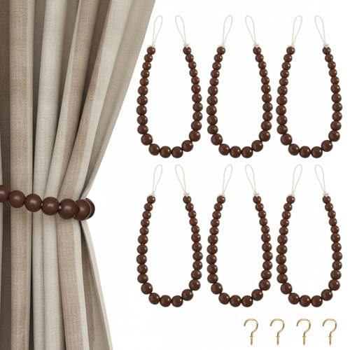 Hion 6 Pcs Boho Curtain Tiebacks,Wood Beads Curtain Holdbacks,Outdoor Farmhouse Tie Backs for Curtains,Curtain Holders for Drapes Home Office Room Decor with Hooks No Drilling(Coffee) - color: Coffee, size: 6 Pack