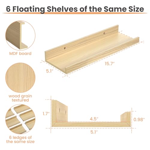 upsimples Floating Shelves for Wall, Wall Shelves for Decor Storage Set of 6, Wall Mounted Wood Shelf for Bedroom, Living Room, Bathroom, Kitchen, Picture Ledge Shelves, Natural - color: Natural, size: 15.7in