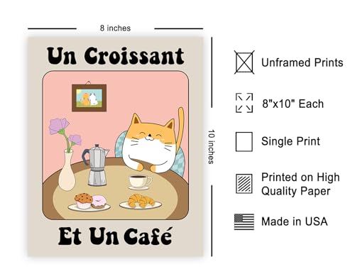 Poster Master Coffee and Croissant Poster - Retro Cat Print - French Cafe Art - Preppy & Trendy Design - Pastry Design - Coffee Artwork - Aesthetic Kitchen or Restaurant Decor - 8x10 UNFRAMED - color: Style-12, size: 8"L x 10"W