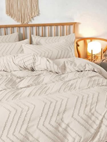 Nanko Beige Duvet Cover Full Size, 3pc Boho Tufted Microfiber Bedding Comforter Cover Set, All Season Aesthetic Shabby Chic Soft Embroidery Textured Geometric Quilt Cover (80x90) - color: Cover(not Comforter)-beige Tufted, size: Full