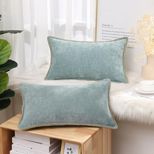 decorUhome Summer Chenille Soft Cozy Throw Pillow Covers 12x20 Set of 2, Modern Farmhouse Boho Velvet Decorative Pillow Cases with Stitched Edge for Couch Sofa Bed Home Decor, Aqua Haze - color: Aqua Haze, size: 20" x 12" (Pack of 2)