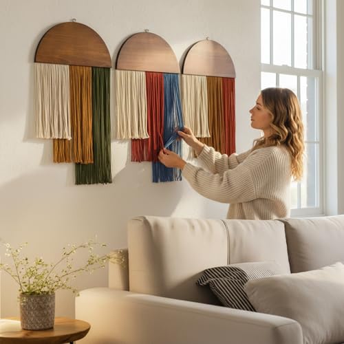 HISBO 2 Pcs Boho Macrame Wall Hanging, Tie-Dye Tapestry, Three-color woven tapestry, Modern Chic Wall Decor, for Apartment Dorm Living Room Bedroom Nursery Backdrop 17.7" W X 29.5" L, Blue and Red - color: white, red, blue, brown