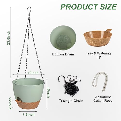 Vanslogreen Hanging Planters for Indoor Outdoor Plants, 1 Set Self Watering Hanging Pot with Drainage Holes & Removable Tray (Green-12inch, 12'') - color: Green, size: 12''