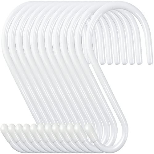 12 Pack 4-1/2 Inch White S Hooks for hanging, Large Vinyl Coated S Hangers Hooks Heavy Duty, Steel Metal Rubber Coated Closet Rod Hooks for Hanging Jeans Clothes Plant Pot Pan Cup Bathrooms Towel Robe - color: White