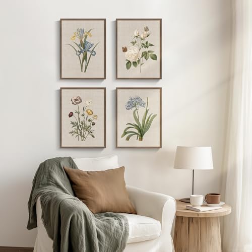 Framed Vintage Botanical Wall Art, 4 Piece Rustic Floral Painting Canvas Prints for Living Room Bedroom Dining Room Kitchen Hallway, Flower Butterfly Pictures for Farmhouse Wall Decor, 12x16 Inch - color: Floral - Walnut Framed, size: 12" W x 16" H x 4pcs