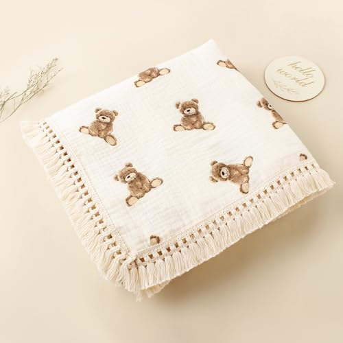 Little Jump Cotton Muslin Swaddle Blankets with Tassel, Boho Bohimia Muslin Baby Blanket Neutral with Fringe, Vintage Teddy Bear Nursery Decor Muslin Throw Blanket 47" x40" (Teddy Bears) - color: Teddy Bears