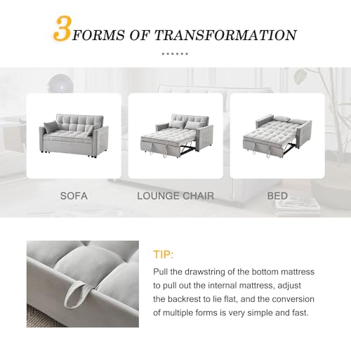 3-in-1 Loveseat Sleeper Sofa, Modern 55.5" Pull Out Couch, Velvet Upholstered Futon Sofa Bed with Adjustable Backrest, Convertible Sofa Bed with Storage Pockets for Living Room(Light Grey) - color: Grey