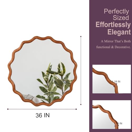 36" Wavy Round Wall Mirror with Solid Wood Frame, Country Irregular Decorative Mirror for Bathroom, Bedroom, Living Room & Entryway, HD Tempered Glass, No Distortion Vanity Mirror (Brown,36“) - color: Brown, size: 36"L x 36"W