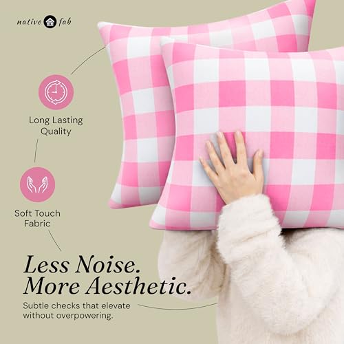 Native Fab Premium Throw Pillow Covers 2 Pack, 18x18 Inches, 100% Cotton, Charming Buffalo Check, Soft, Washable Cushion Cases, Farmhouse Decor for Valentines, Bridal Shower, Home, Rose Pink & White - color: Buffalo Rose Pink, size: 18" x 18" (Pack of 2)