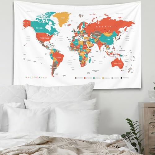 CAPSCEOLL College Wall Decor, Cute World Map Tapestry 60X50 Inches, Red Hanging Map Tapestry - color: White Orange, size: 60"L x 50"W