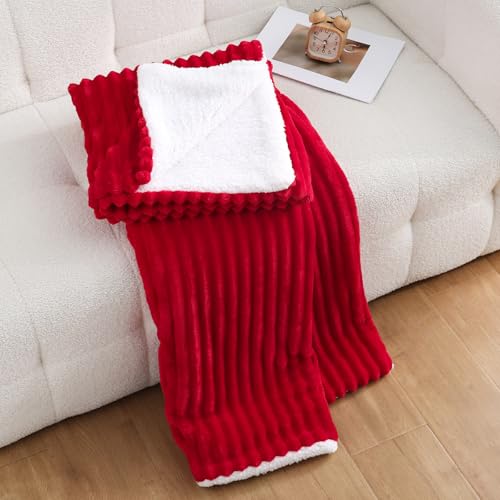 Red Sherpa Fleece Throw Blanket 60”×80” for Couch Sofa Bed,Double Side Soft Fuzzy Cozy Plush Thick Flannel Blanket with Striped Design,Gift for Adults,Woman,Girls - color: Red, size: 60×80inch