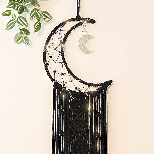 ANROYE Boho Macrame Woven Wall Hanging, Crochet Crescent Moon Star Dream Catcher with Long Tassel- Black Cotton Handmade Bohemian Home Decor Nursery Decoration Art for Kids Bedroom Dorm Room - color: Black, size: Without Light