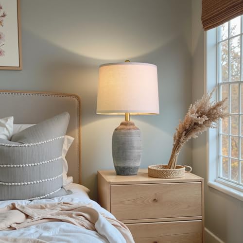 USumkky 24.5" Vintage Ceramic Table Lamp with 5FT Cord,Single Farmhouse Rustic Bedside Lamp with Natural Textured Finish, Nightstand Lamps for Living Room, Bedroom End Table Office Rustic Black & Gray - color: 24.5" Rustic Black & Gray