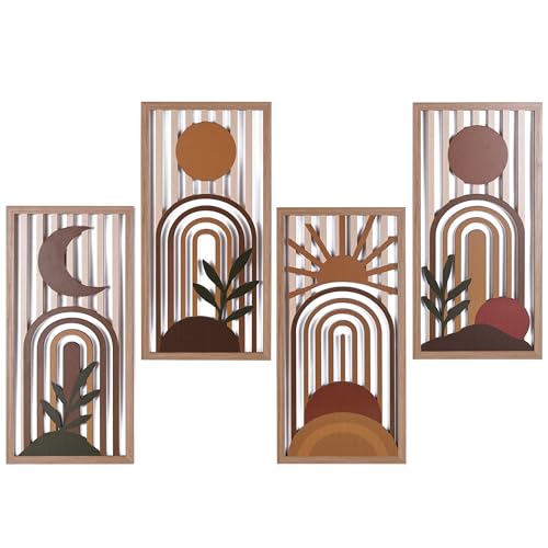 Boho Wall Art Set of 4, Terracotta Wall Decor & Burnt Orange Bedroom Decor, Orange Modern Wall Art with Arch/Botanical Design - Mid-Century 3D Wooden Abstract Geometric Artwork for Home Living Room Office(C) - color: C