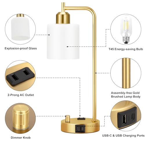 Innqoo Industrial Table Lamps for Bedroom Set of 2 - Fully Dimmable Bedside Lamps with USB Ports and Outlet, Gold Nightstand Lamps with Opal Glass Shade for Living Room, Desk Lamps for Office Reading - color: Opal Glass&Gold Base