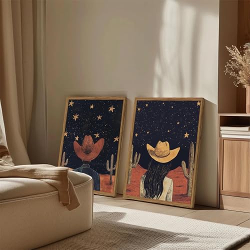 Framed Boho Western Cowboy and Cowgirl Wall Art Set of 2, Vintage Southwestern Desert Starry Sky Cactus Pictures Wall Decor, Rustic Farmhouse Paintings Canvas Prints for Living Room Bedroom 16x24 inch - color: Cowboy, size: 24L" x 16W"