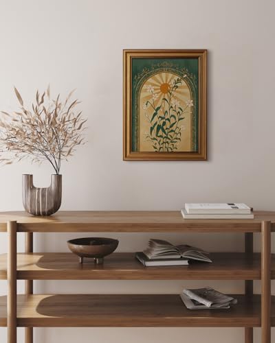 HUARCEY Gold Framed Canvas Wall Art, Sun Botanical Picture Decor, Living Room Bedroom Emerald Green Boho Art, Rustic Vintage Moody Mystical Folk Art Canvas Paintings, 12x16inch - color: Boho art, size: 16"L x 12"W