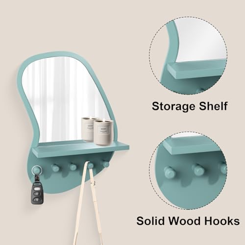 SANY DAYO HOME Wall Mount Wood Frame Irregular Mirror with 5 Wooden Hooks and Shelf, Modern Decorative Hanging Mirror for Entryway, Bedroom, Living Room (16″ x 12″, Turquoise) - color: Turquoise