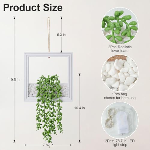 2 Pack Fake Plants Hanging, Artificial Succulents Plants in Square Wooden Frame with Glow Accents, Boho Wall Decor for Office Living Room Bathroom Bedroom Kitchen Indoor Outdoor, White - color: Ivory White