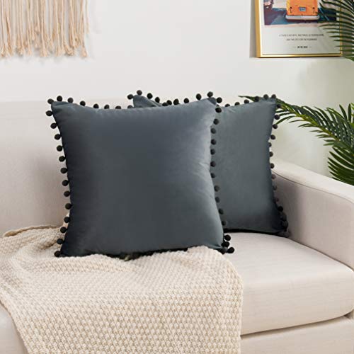 Elegant Comfort POM-POMS Fringe Velvet Cushion Covers Set of 2, Velvet Soft Solid Decorative Square Throw Pillow Covers Set Cushion Case for Couch Bed, Livingroom 18 x 18 Inch (45 x 45 cm), Gray - color: Gray, size: 18" x 18" (Pack of 2)