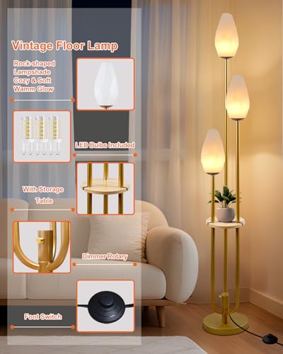 Gold Floor Lamp with Tray, 3-Lights Dimmable Floor Lamps with Rock-Shaped Shade, Unique Candle Holder Style Modern Tall Standing Lamp with 5Lbs Heavy Base for Living Room/Party(Bulbs Included) - color: 3 Rock-Gold