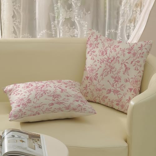 Pink Vintage Floral Pillow Covers 16x16 Inch 2 Pcs Preppy Pink Cream Rustic Toile Chinoiserie Flower Decor Throw Pillows Outdoor Decoration Pillowcase Linen Cushion Cover for Couch Sofa Bed - color: Pink Floral, size: 16" x 16" (Pack of 2)