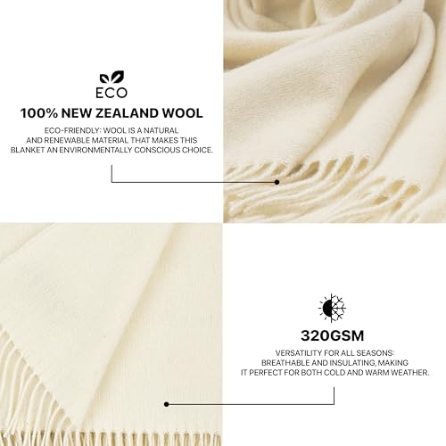 | Wool Blanket/Throw | 100% New Zealand Wool | Perfect for Home and Outdoors | Virgin Wool Throw with Fringes 75"x87" (190 x 220 cm) - color: Creamy White, size: Full
