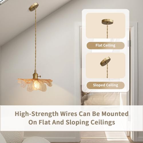 Amber Glass Pendant Lights for Dining Table Mid Century Flower Pendant Lamp with Blown Shade Vintage Gold Brass Adjustable Hanging Light for Kitchen Cabinets Bedroom entryway - color: Amber, Hardwired, size: Hardwired