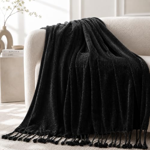 BATTILO HOME Black Chenille Throw Blanket for Couch, Soft Cozy Textured Knit Throw Blanket with Handmade Fringe Tassels, Lightweight Decorative Farmhouse Blanket for Sofa Bed Chair, 50"x60" - color: Black