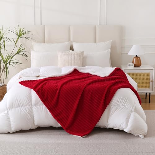 Red Sherpa Fleece Throw Blanket 60”×80” for Couch Sofa Bed,Double Side Soft Fuzzy Cozy Plush Thick Flannel Blanket with Striped Design,Gift for Adults,Woman,Girls - color: Red, size: 60×80inch