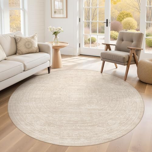 6ft Round Rug Living Room: Washable Large Vintage Neutral Area Rug Non-Slip Soft Stain Resistant Indoor Carpet for Bedroom Nursery Dining Room Under Table Bed Home House Office Playroom - Beige - color: Beige, size: 6' (Round)