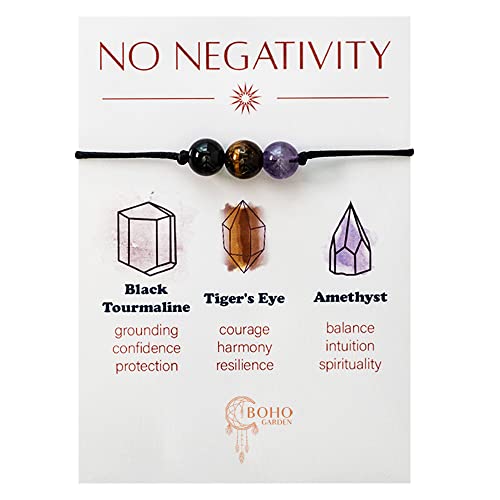 BOHO GARDEN Healing Bead Bracelets - Spiritual Crystal Beaded Bracelet - Made of 3 Real & Natural Gemstones, Adjustable 3-9.7” Black Rope - Gem Stones Jewelry for Men, Women, Teens (13+) - 8mm Bead - color: NoNegativity
