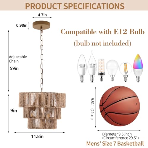 Rattan Pendant Light Fixtures,11.8" Boho Hanging Lamp for Kitchen Island,3-Light Hand-Woven Chandelier Height Adjustable,Natural Wicker Lamps for Dining Room Living Room Bedroom Hallway Entryway,Brown - color: 11.8" Brown