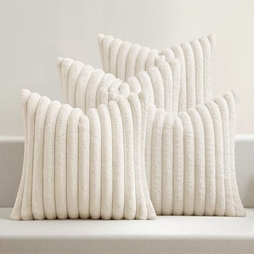 MIULEE Faux Fur Plush Decorative Throw Pillow Covers 20x20 Set of 4, Spring Modern Soft Fuzzy Striped Cushion Covers for Sofa Couch Bed Living Room Cozy Home Decor,Cream White - color: Cream White, size: 20" x 20" (Pack of 4)
