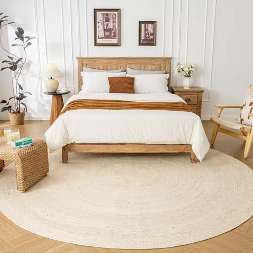 Shatex Round Jute Rug 9 Feet, Chunky Hand Braided Rug Farmhouse Style for Home Decor, Bedroom, Living Room, 100% Natural Jute Fiber, Diameter 108 Inch, Heavy-Duty, Off-White - color: Off-white, size: 9' (Round)