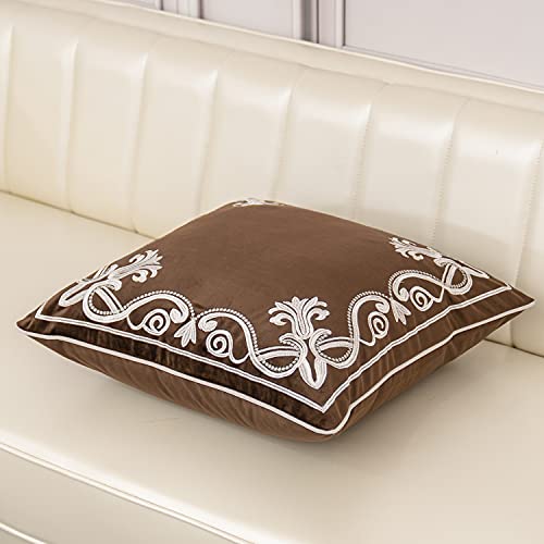 Aeckself European Floral Pillow Cover 18x18 Inch, Luxury Velvet Embroidered Decorative Throw Pillow Cover for Couch Bedroom Living Room, Brown and White - color: Brown, size: 18" x 18" (Pack of 1)