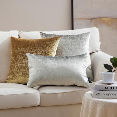 Phantoscope Pack of 2 Sparkling Velvet Decorative Solid Throw Decorative Pillow Cover Soft Silver Glitter Square Cushion Cover Pillowcase for Couch Bed and Chair, Gray, 20 x 20 inches, 50 x 50 cm - color: Gray and Silver, size: 20" x 20" (Pack of 2)