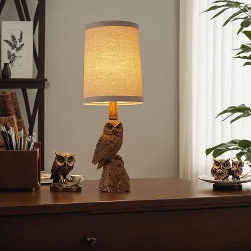 Vintage White/Wood Grain Owl Table Lamp - Resin Sculpture Base & Linen Shade | 16.5in Height Decorative Lamp for Bedroom/Study | Rocker Switch (BW-1) - color: BW-1