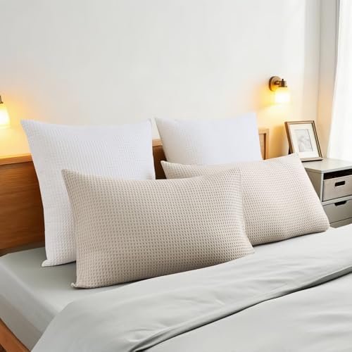Shunjie.Home 100% Cotton Waffle Weave Pillow Shams Set of 2, 600TC Solid Reverse Side, Envelope Closure, Skin-Friendly & Durable Decorative Pillow Covers for Bed, Khaki, Queen Size 20"x30" - color: Khaki, size: 30" x 20" (Pack of 2)