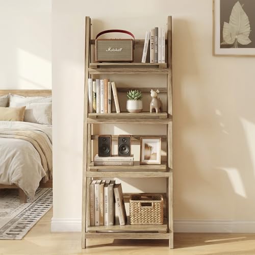 Ladder Shelves - Folding Wooden Ladder Bookshelf, 4-Tier Retro Plant Stand Storage Shelves for Home Living Room, Light Brown - color: Light Brown